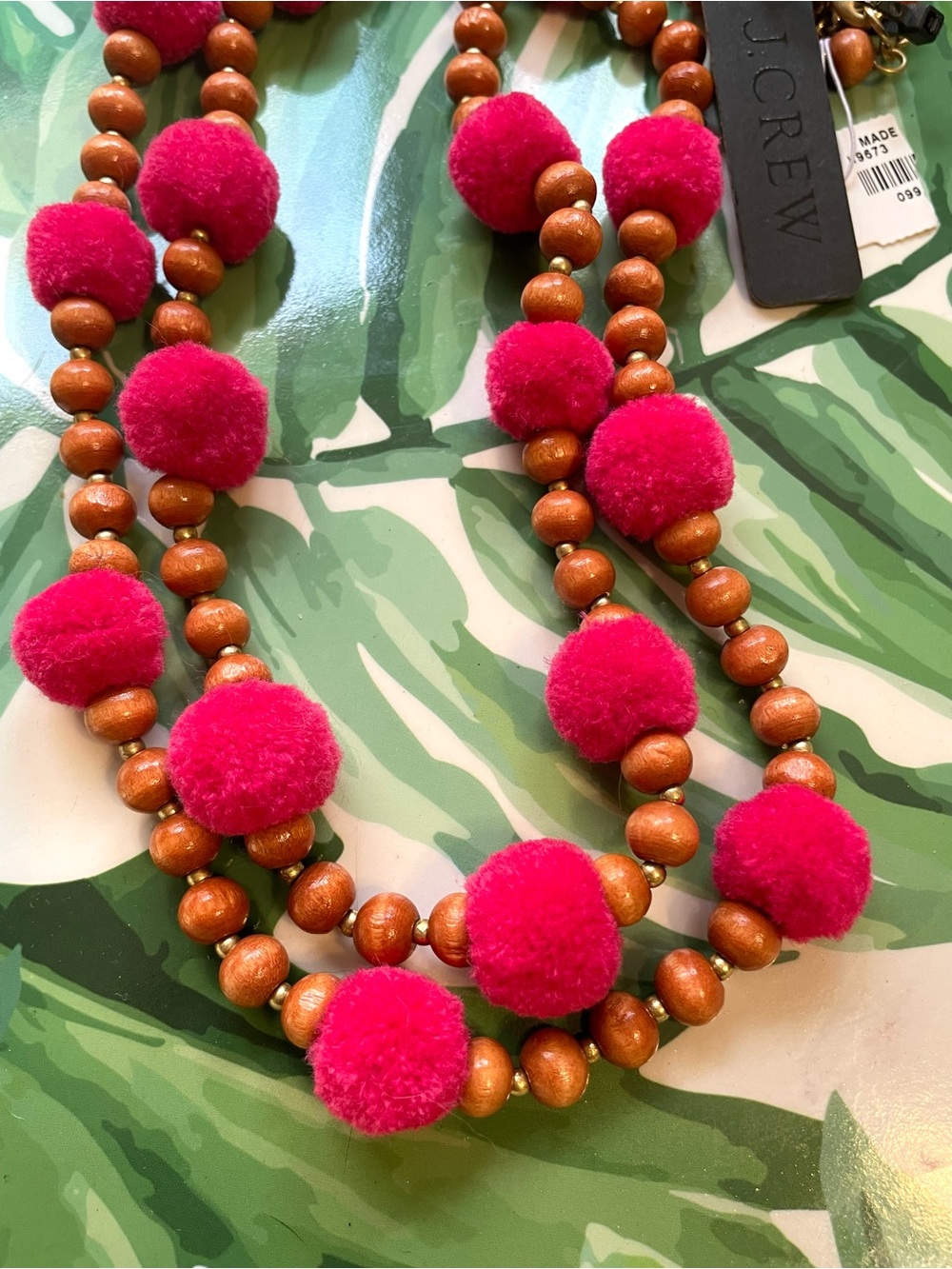 J. Crew Hot Pink Pom-Pom and Wood Beaded Necklace NWT/ Summer Necklace